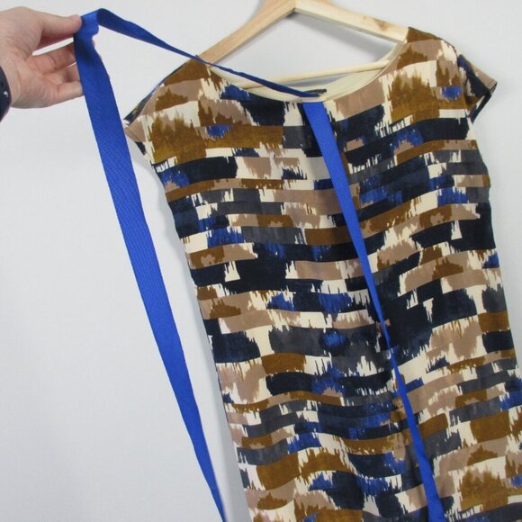 Club Monaco Silk Tunic Top Women S Brown Multi Short Cap Sleeve Boxy Casual 138 - Picture 5 of 10